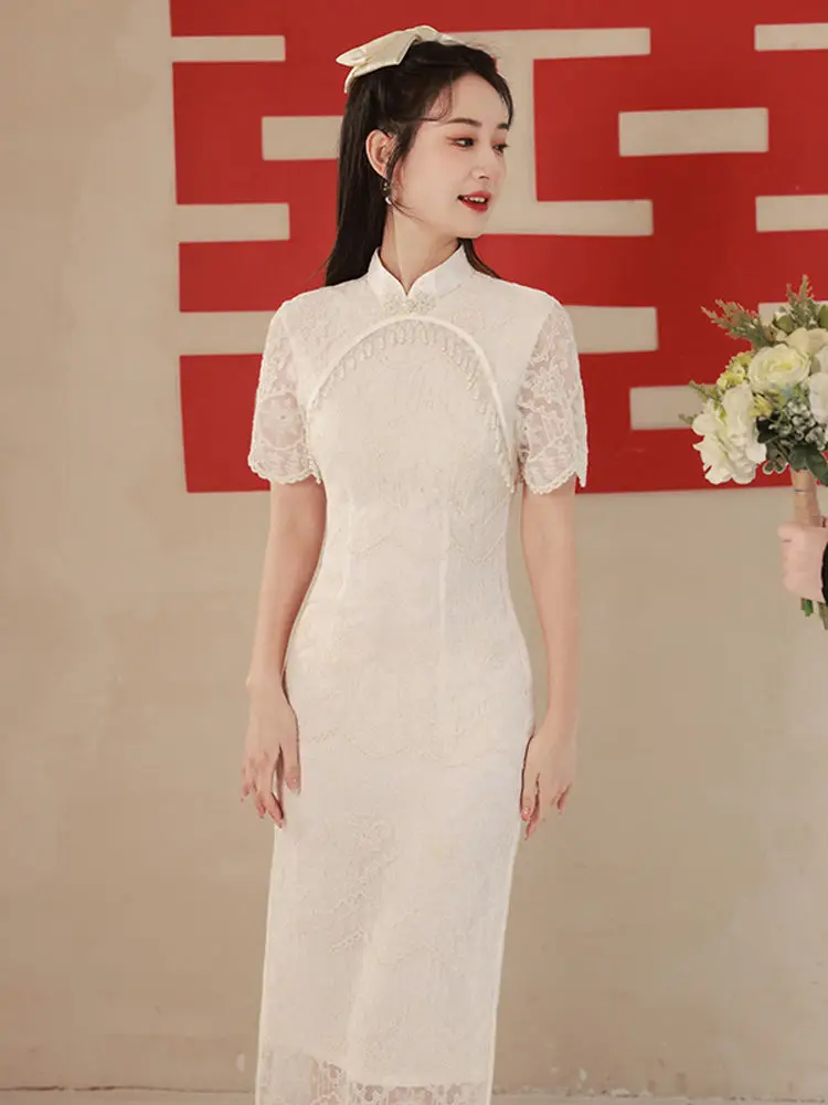 Yourqipao New Chinese Cheongsam Women's 2023 New Engagement Dress White Lace Hanfu Bridal Dresses Wedding Toast Evening Gowns