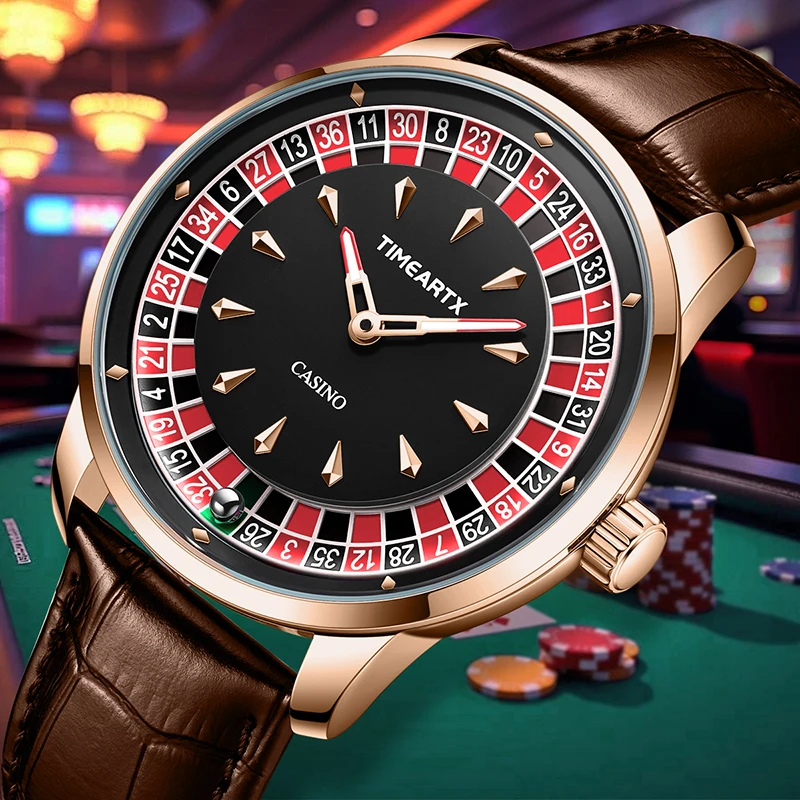 TIMEARTX New European-Style Roulette Trendy Men's Watch - Poker Game Design Stylish Quartz Movement Solid Steel Wristwatch