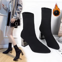 2022 Spring and Autumn New Pointed Socks, Thin Boots, Breathable Flying Woven High Heels, Solid Color All-match Women's Boots