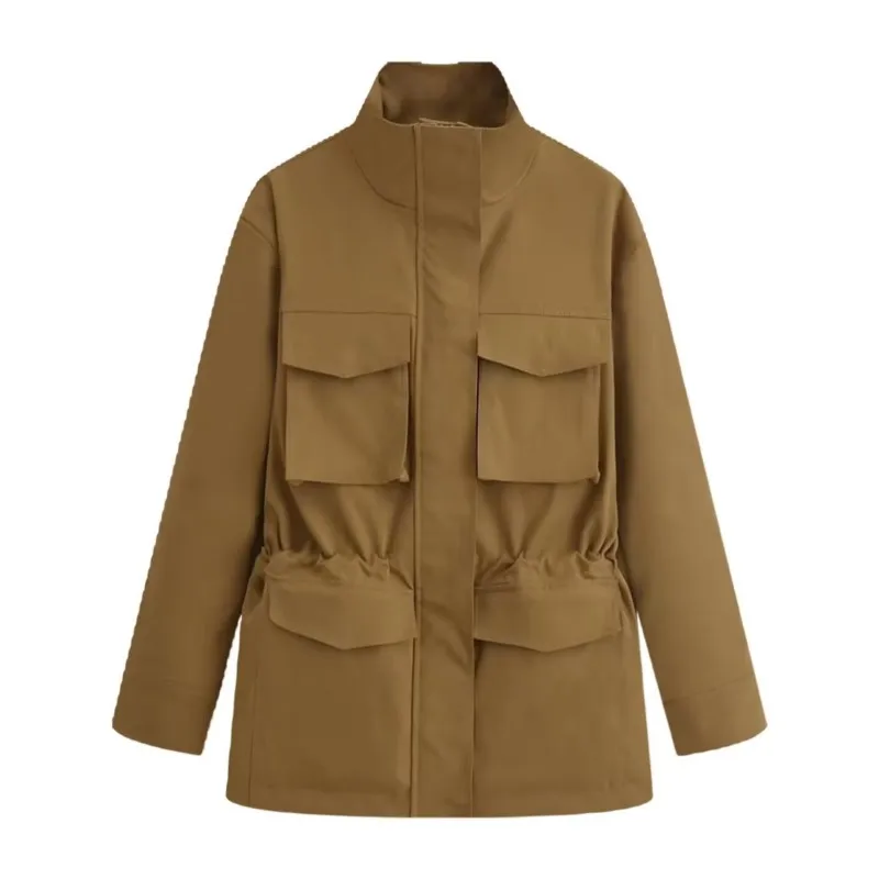 

Mid-Length Trench Coat Style Warm Windproof Commute Outerwear 2025 Autumn Women's Casual Multi-Pocket Turtleneck Cargo Jacket