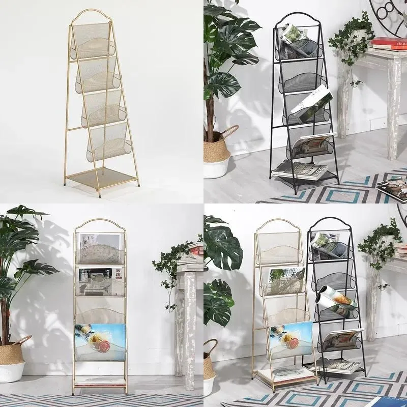 Metal Floor Standing Newspaper Rack Magazine Holder Iron Bookshelf Display Stand for Home Living Room Office Storage