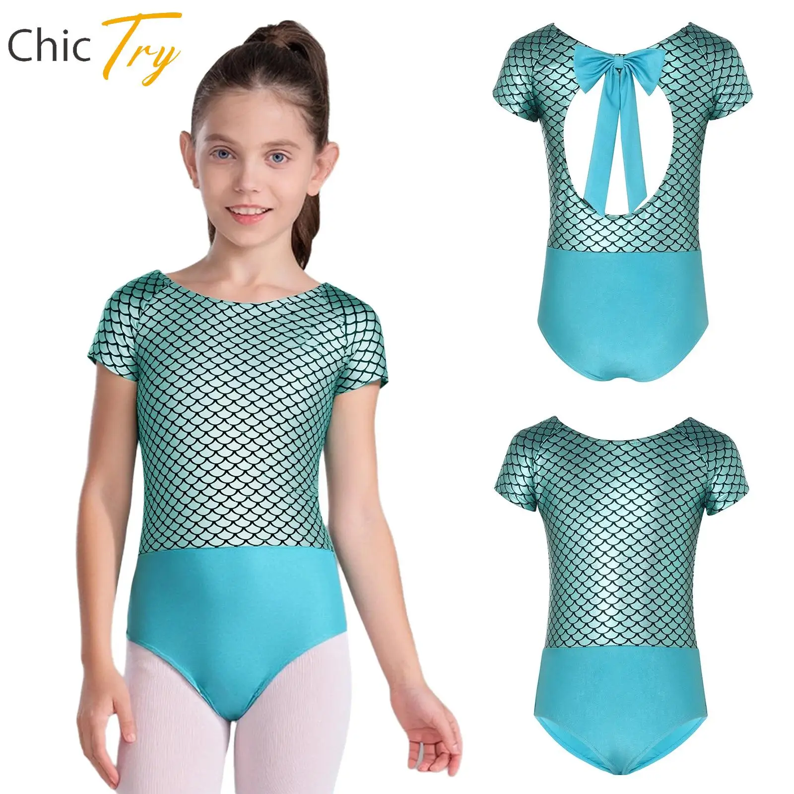Justaucorps de Ballet imprimé écailles de poisson pour enfants filles, manches courtes, nœud papillon, dos découpé, gymnastique, danse sur scène, vêtements de danse
