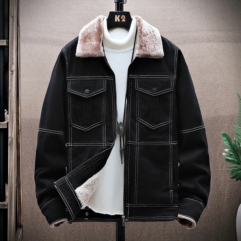 New Plush Thickened Denim Jacket Young Men's Casual Fashion Coat Warm Trend Cotton Coat