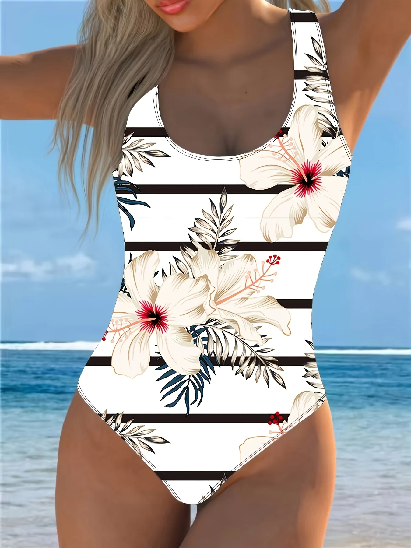 

Women's Sporty Elegant One-Piece Swimsuit - Floral Print High Elasticity Thin Strap Swimsuit High Waisted Swimsuit, Poolside