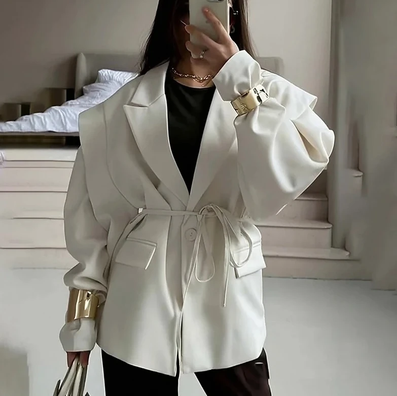 

Women's Blazer with High-End Style Elegant Commuter Look with Waist-Tie Belt Padded Shoulders