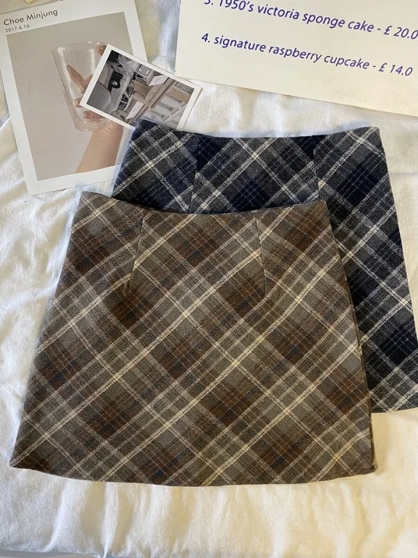 Spódnica wełniana w kratę z wysokim stanem, damska, zimowa 2025, nowa, koreańska, elegancka, wyszczuplająca, trapezowa, kopertowa.