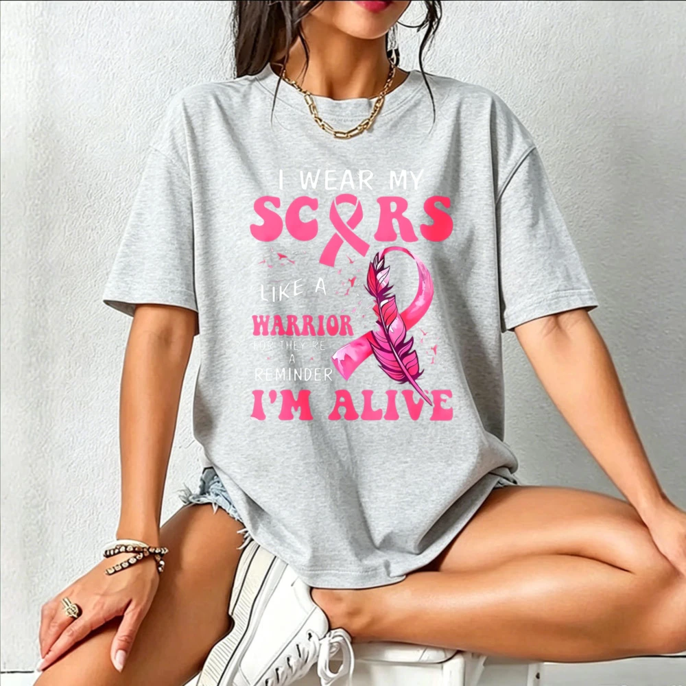 I Wear My Scars Like A Warrior Pink Ribbon Feather Graphic Cotton Tshirt Breast Cancer Warrior Survivor Inspirational Casual Top