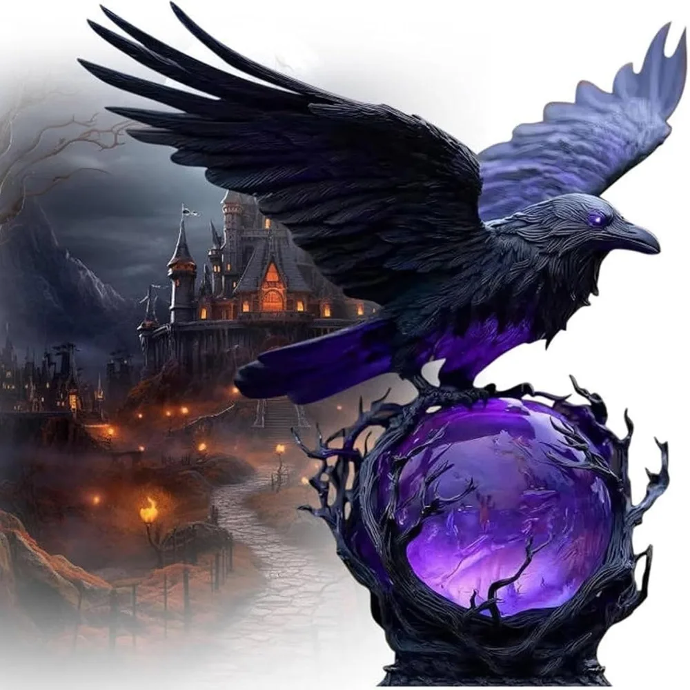 Halloween Gothic Crow Figurine Lamp Luminous Crystal Orb Resin Raven Sculpture Desktop Lighting Ornament for Home Bedroom Decor