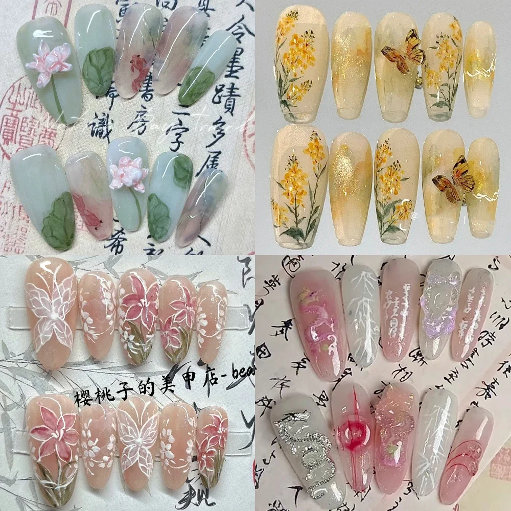

10Pcs Chinese Style Flowers Series Handmade Press On Nail Sunflower Lotus Lily Butterfly Long Coffin Ellipse Reusable False Nail
