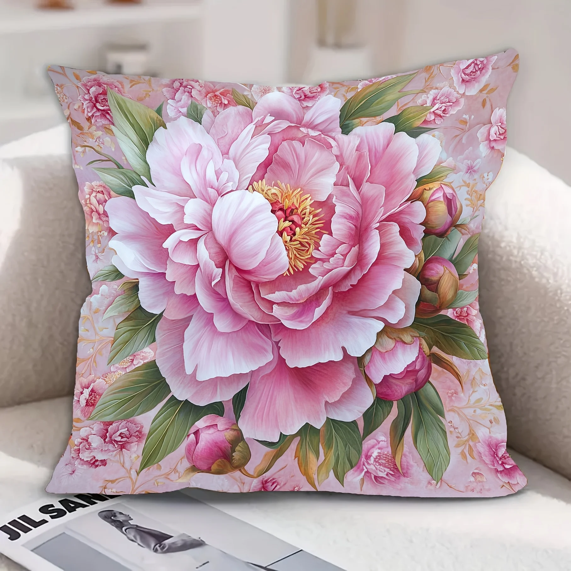 Elegant Pink Peony Floral Throw Pillow Cover, Soft Watercolor Style Peony Print Decorative Cushion for Living Room Sofa Couch