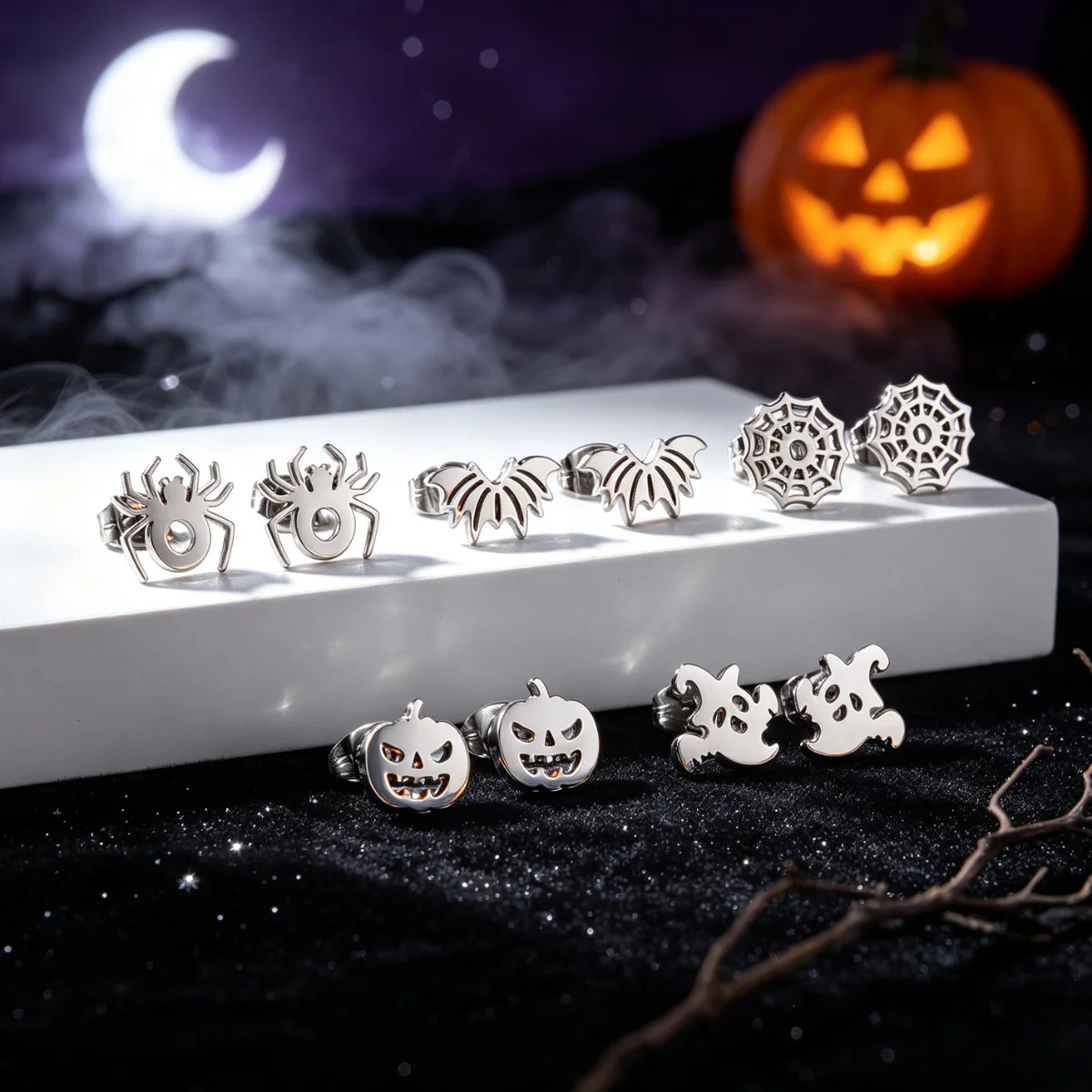 Punk Halloween Bat Spider Trendy Earrings Stud for Man Women 5Pairs Stainless Steel Pumpkin Ghost Festival Stylish Goth Jewelry