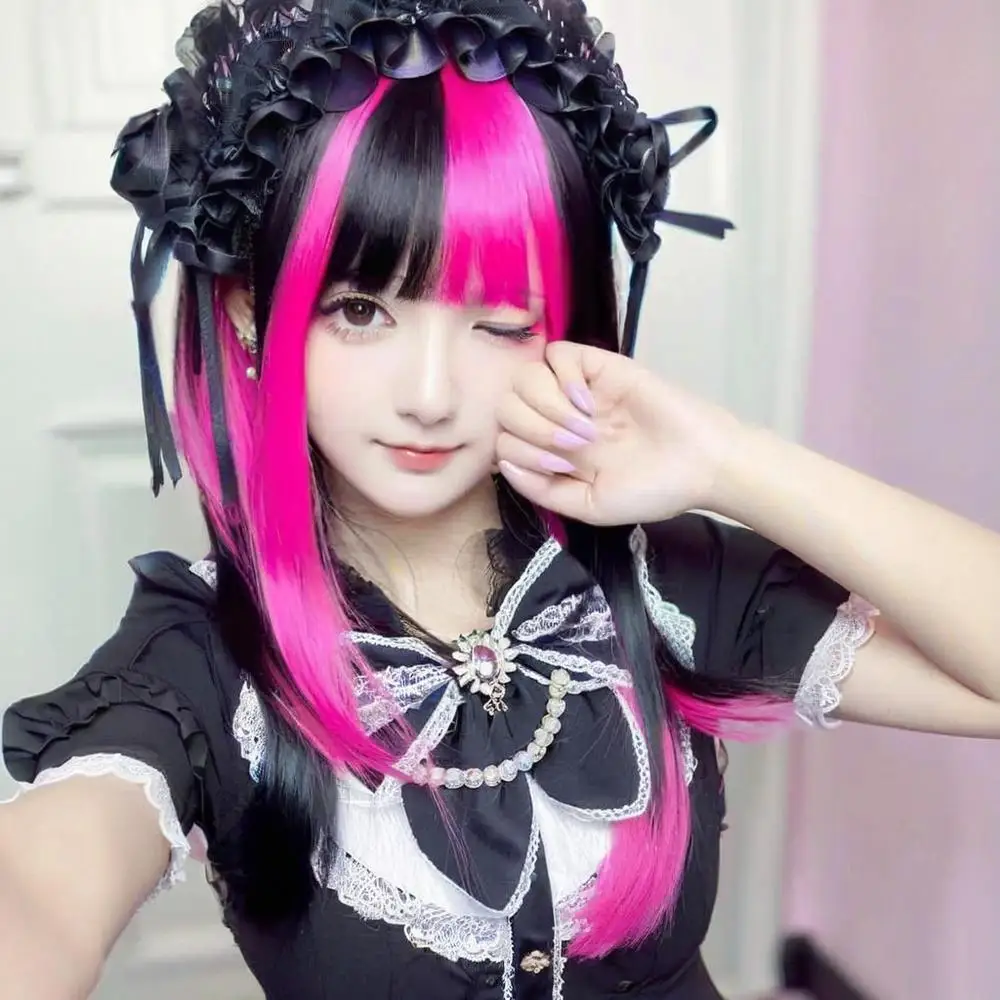 ‌ Peluca de moda alternativa: postizo gótico de Lolita, pelo liso negro y rosa con flequillo, peluca completa de cosplay de ídolo lista para usar