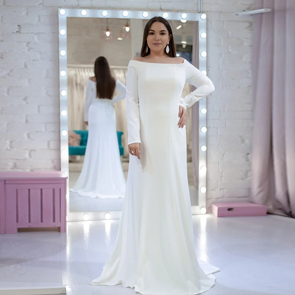 Schulterfreies, langärmliges, standesamtliches Hochzeitskleid mit U-Boot-Ausschnitt, einfaches Brautkleid für die Braut, bodenlanger Knopf, Übergröße, Robe De Mariee