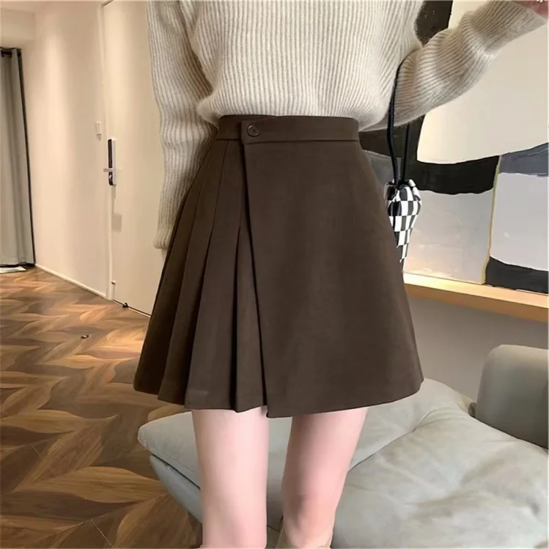 2024New Korean Style Pear-Shaped FiguresaShort Skirt Paired with Sweater in WinterjkPleated Coffee-colored Midi Skirt