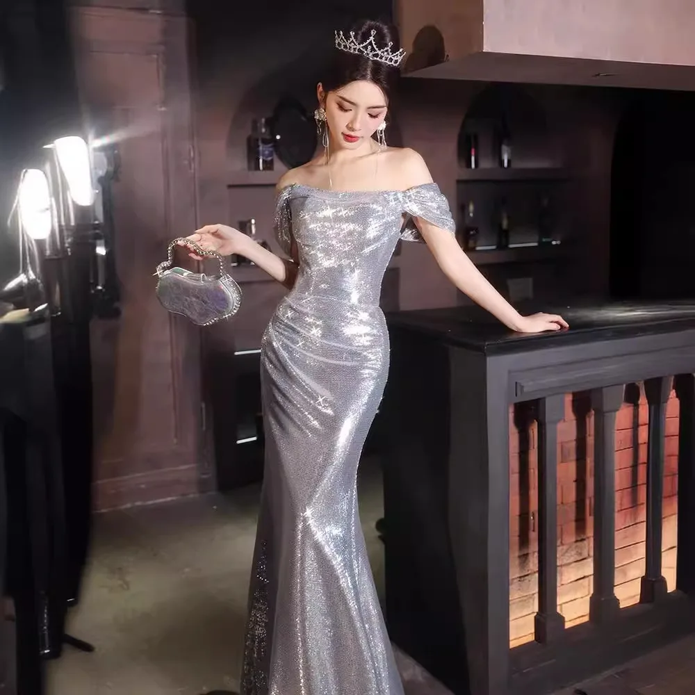 Suknia wieczorowa na jedno ramię, damska, z trenem typu fishtail, luksusowa, wysokiej klasy, na ceremonię, egzamin artystyczny, dla prowadzącej, na bal, Aosp...