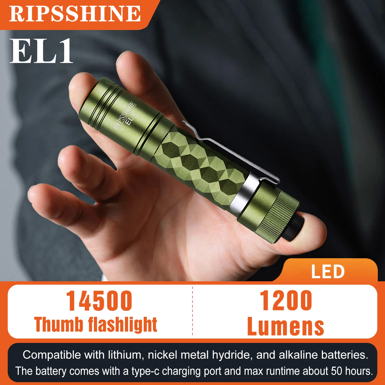 EL1 Protable LED Flashlight 1200 lumens with 14500 Type-C Rechargeable AA Battery Tactical Lamp Work Torch Outdoor Camping