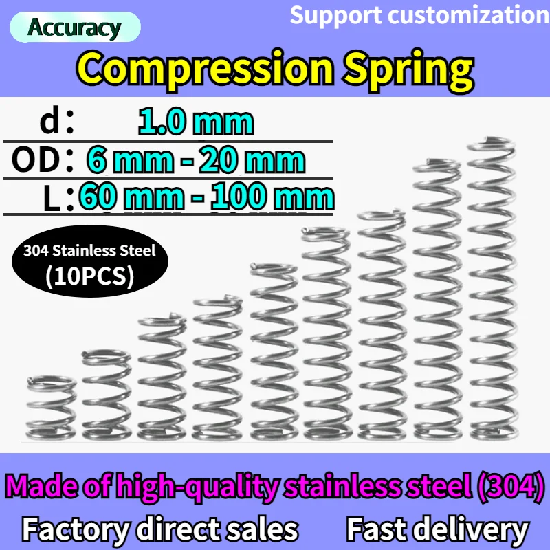 Średnica drutu 1.0mm 304 ze stali nierdzewnej zewnętrzna średnica 6 ~ 20mm sprężyna dociskowa zwrotu sprężonego sprężyny naciskowe 10 sztuk