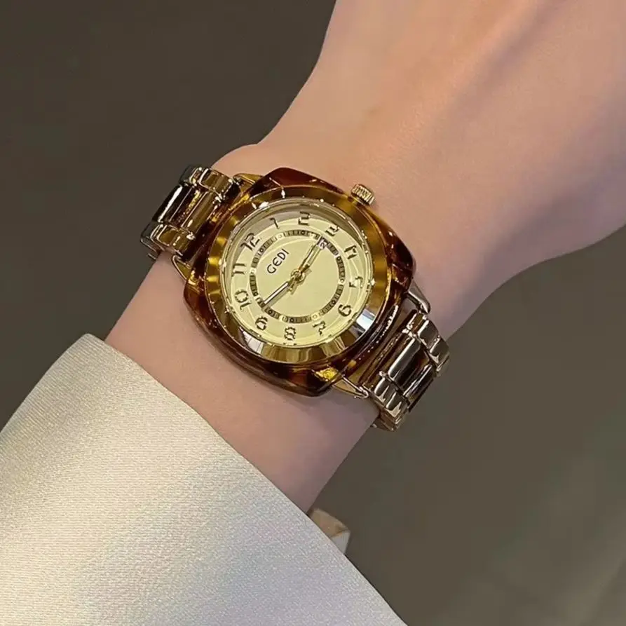 Luxury Amber Ceramic round Case Quartz Wristwatch for Women Elegant Digital Dial Ladies Bracelet Watch Stylish Clock Gift