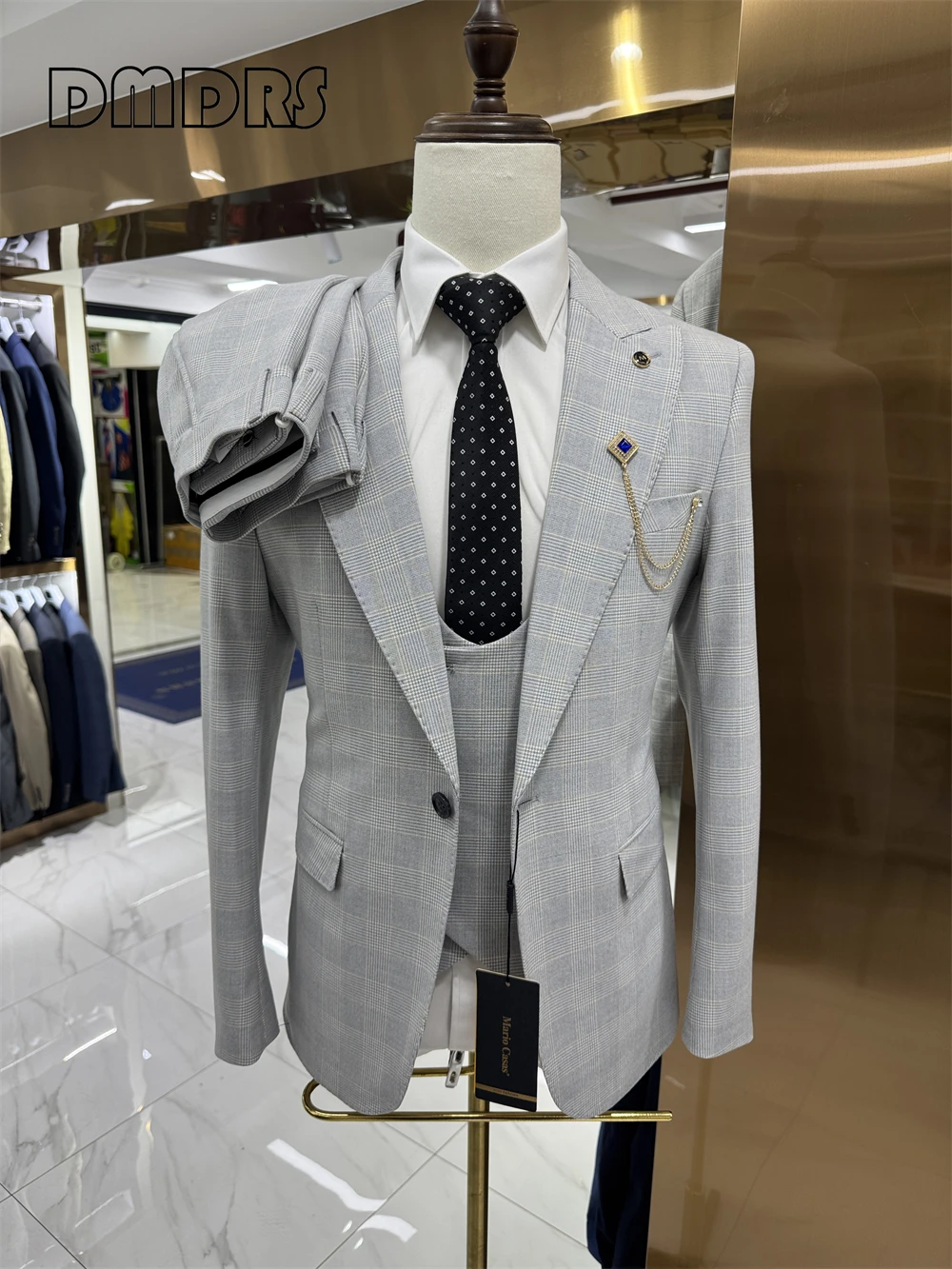 Checkered Formal Suit Set for Men, Grey Slim Fitting Classy Men's Suit, Three Pieces Including Blazer, Vest and Pants, High End