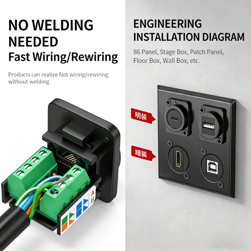 USB Network CAT5E/6/7 D-type Metal RJ45 Module Network Connector Cable Extender Cable Socket Solderless Network  Shielded Panel
