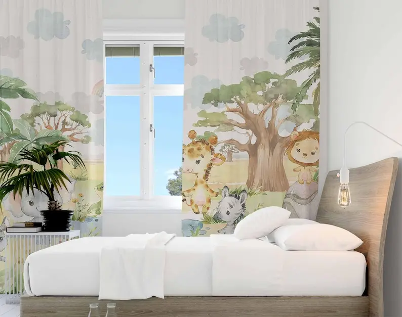 Safari Animals Nursery Curtains Kids Bedroom Curtains Black Out Nursery Decor Baby Room Bedroom Living Room Curtains