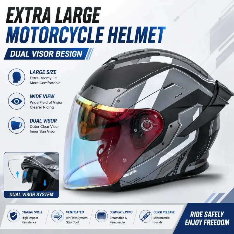 Extra Large Motorcycle Helmet Dual Visor Open Face Riding Helmet Big Head Size Wide View Scooter Motorbike Helmet