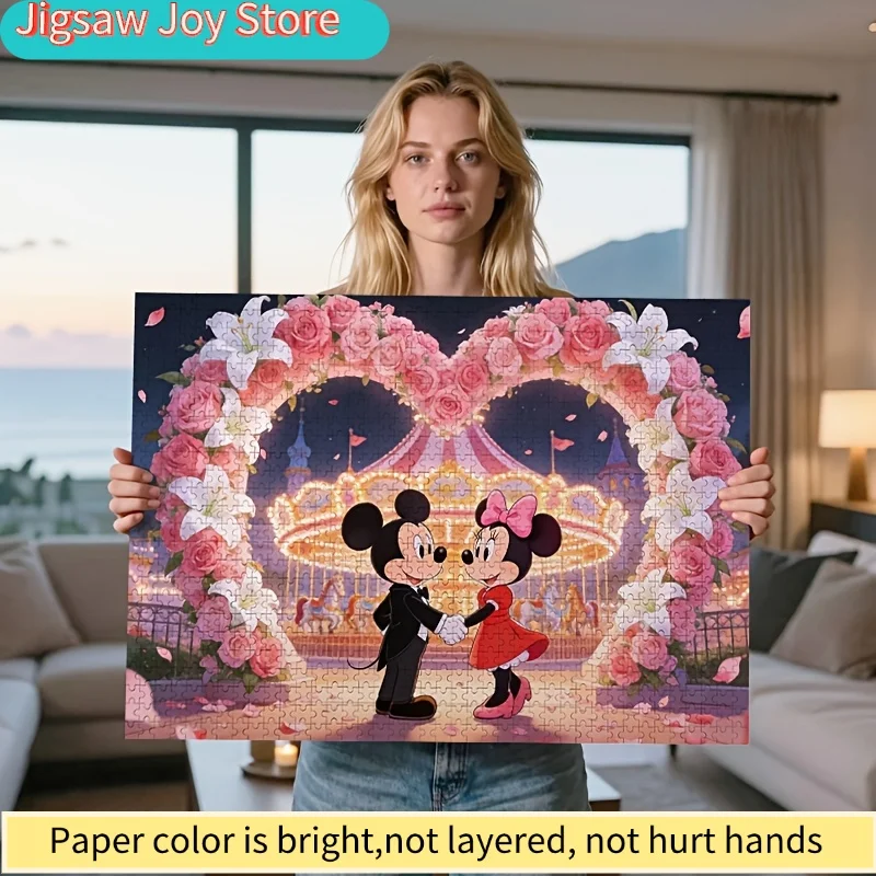 

2D Flat, 1000pcs Disney Carousel & Mickey Minnie Puzzle | Heart Flower Arch Romantic Decoration, Suitable for Classroom, Kitch
