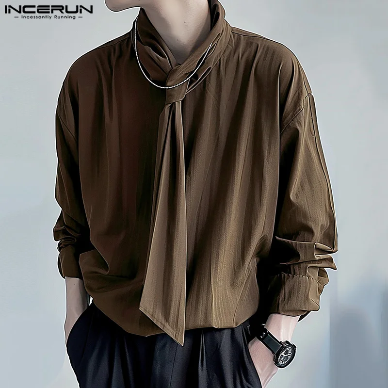 INCERUN Tops 2024 Korean Style Fashion New Men\'s Solid Tie Design Shirts Casual Simple Male All-match Long Sleeved Blouse S-5XL