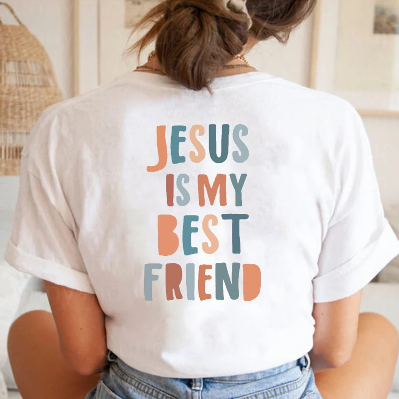 Jesus Is My Best Friend Back Printed Women T Shirts Cotton Vintage Clothes Inspirational Tshirt Causal O Neck Tops Dropshipping