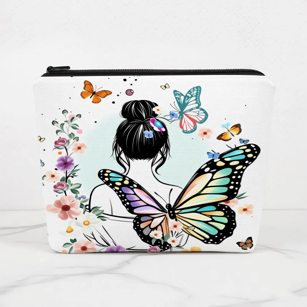 Butterfly Girl Floral Design Pattern Makeup Bags for Girls Cosmetic Pouch Toiletry Bag Pencil Case Travel Storage