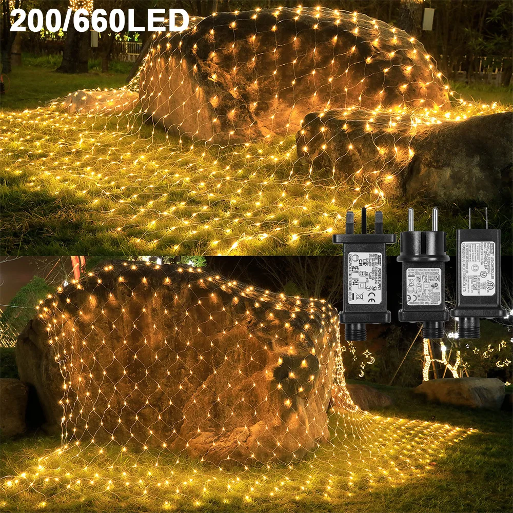 Tegangan Aman LED Tirai Jaring Lampu Tali Peri dengan Timer Memori 8 Modi Garden Luar Ruangan Dekorasi Natal 2x 3M/4x6m