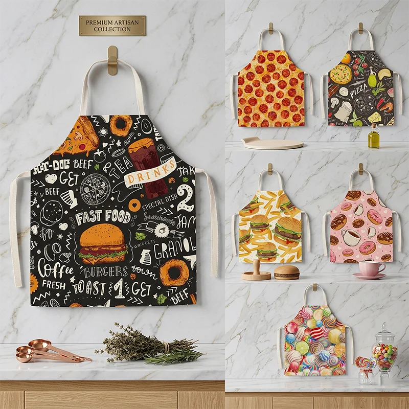 Divertido Delantal con Estampado de Comida Rápida, Pizza, Hamburguesa, Donut, Delantal sin Mangas de Lino para Cocina, Repostería, Restaurante, Camarero, Ropa de Trabajo
