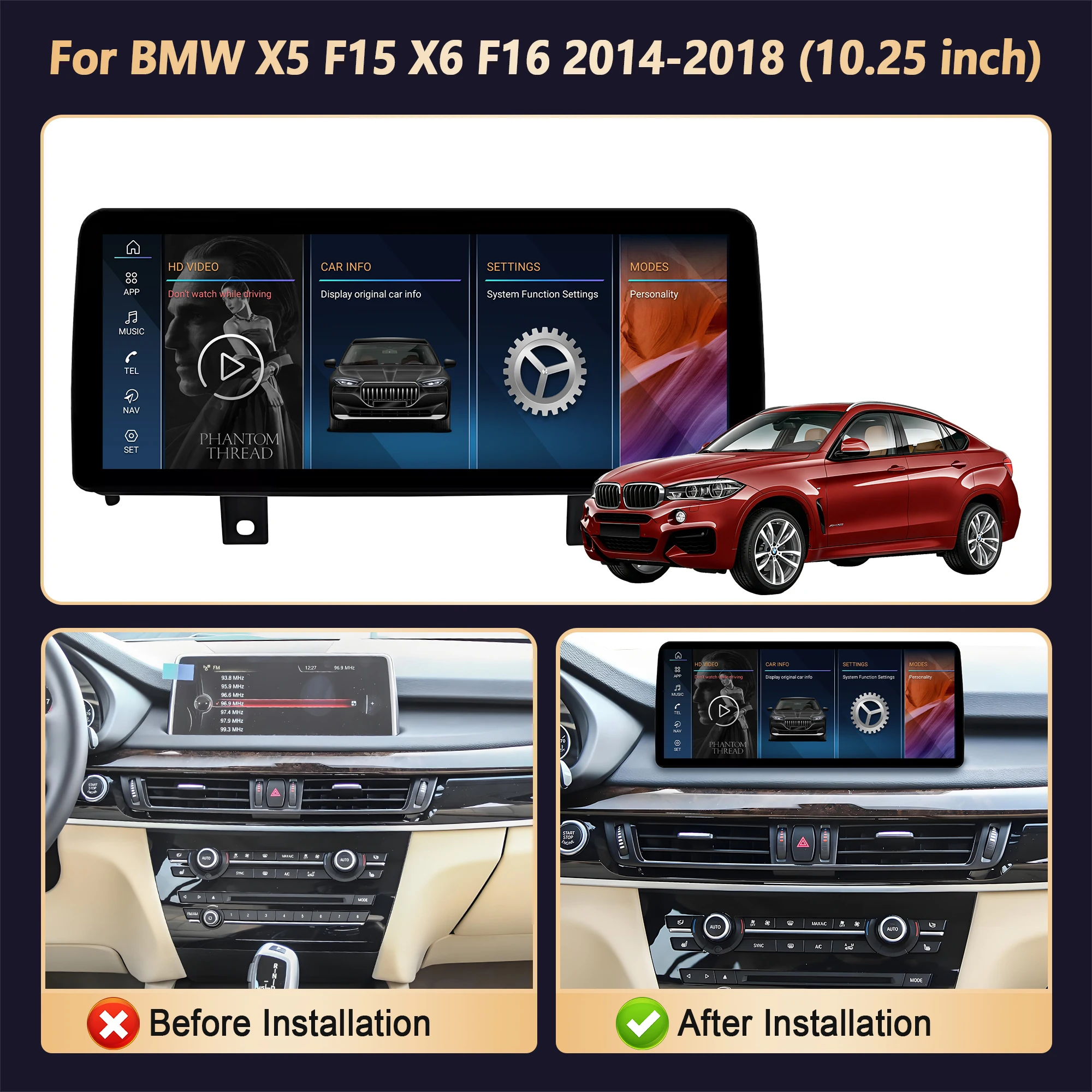 10.25inch Wireless Carplay Snapdragon 685 Android 14 For BMW X5 F15 X6 F16 2014-2018 Car Radio Bluetooth Multimedia