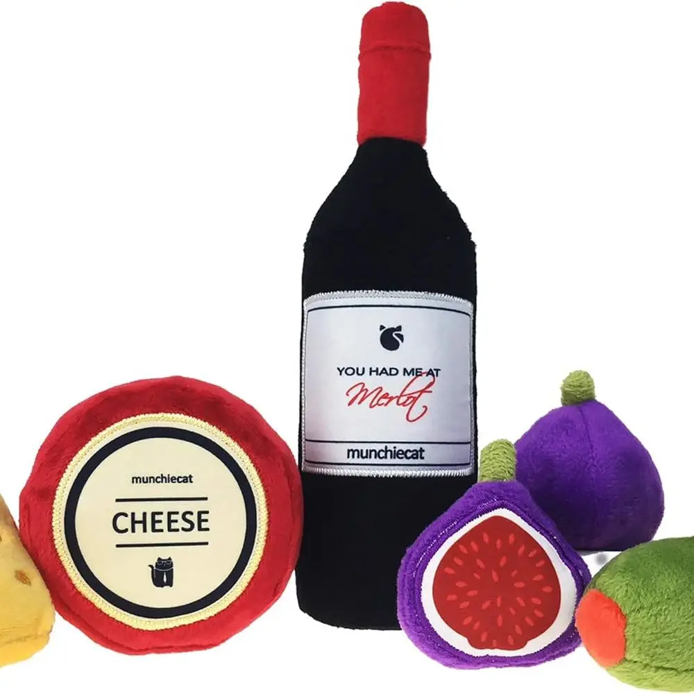 munchiecat Juego de juguetes de vino y queso con hierba gatera orgánica con higos y aceitunas (7 piezas de vino Deluxe) Juguetes de enriquecimiento felino para gatos, gatitos