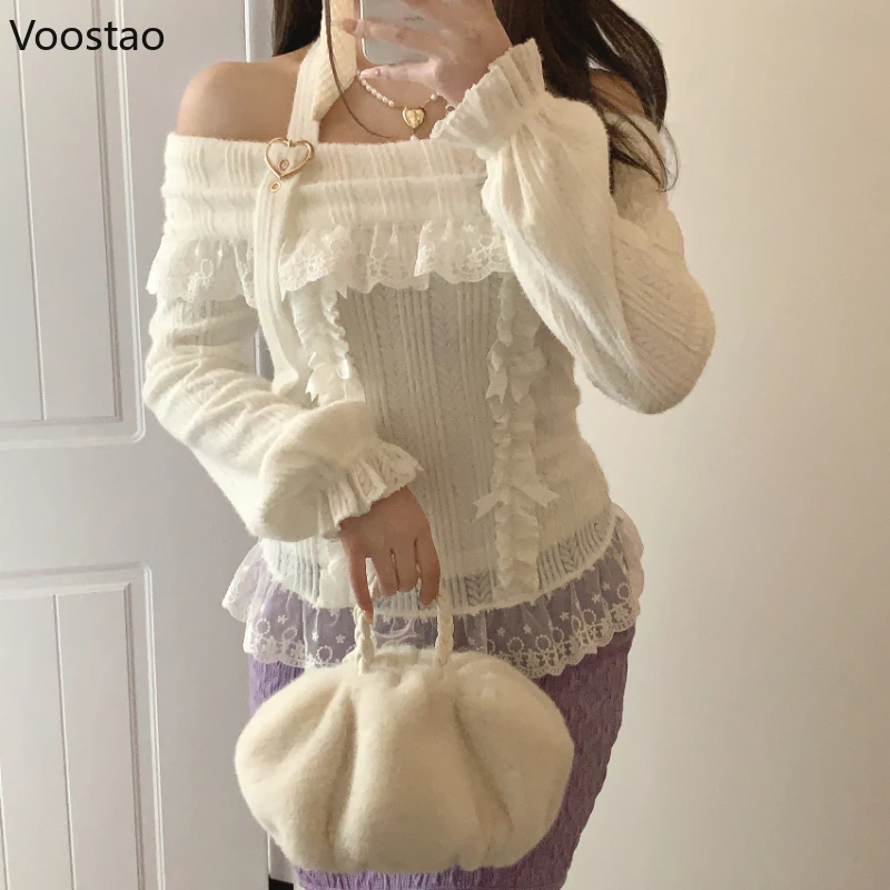 Vintage Sweet Lolita Style Knitted Pullover Girls Cute Slash Neck Bow Lace Ruffles Love Heart Buckle Sweater Women Knitwear Tops