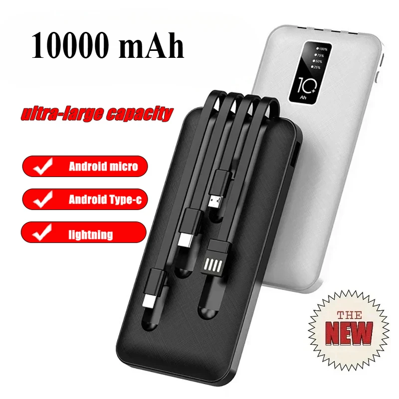 10000mAH Power Bank Fast Charge Come with 4-Wires Large Capacity PowerBank Mobile Phone External Battery for IPhone15 Samsung