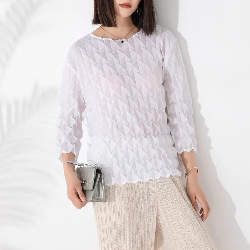 

Miyake Pleated Women's Autumn New Top T-shirt Women's 2023 Design Fashion Loose Handmade Square Pleated Pullover Bottoming Shirt