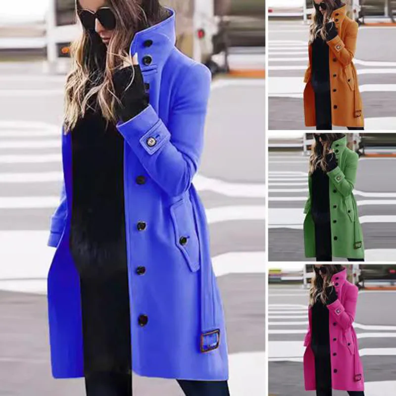 Women Woolen Coat 2026 Autumn/Winter New Solid Color Long Sleeve Pocket Fitted Woolen Outerwear Coat Women's Clothing