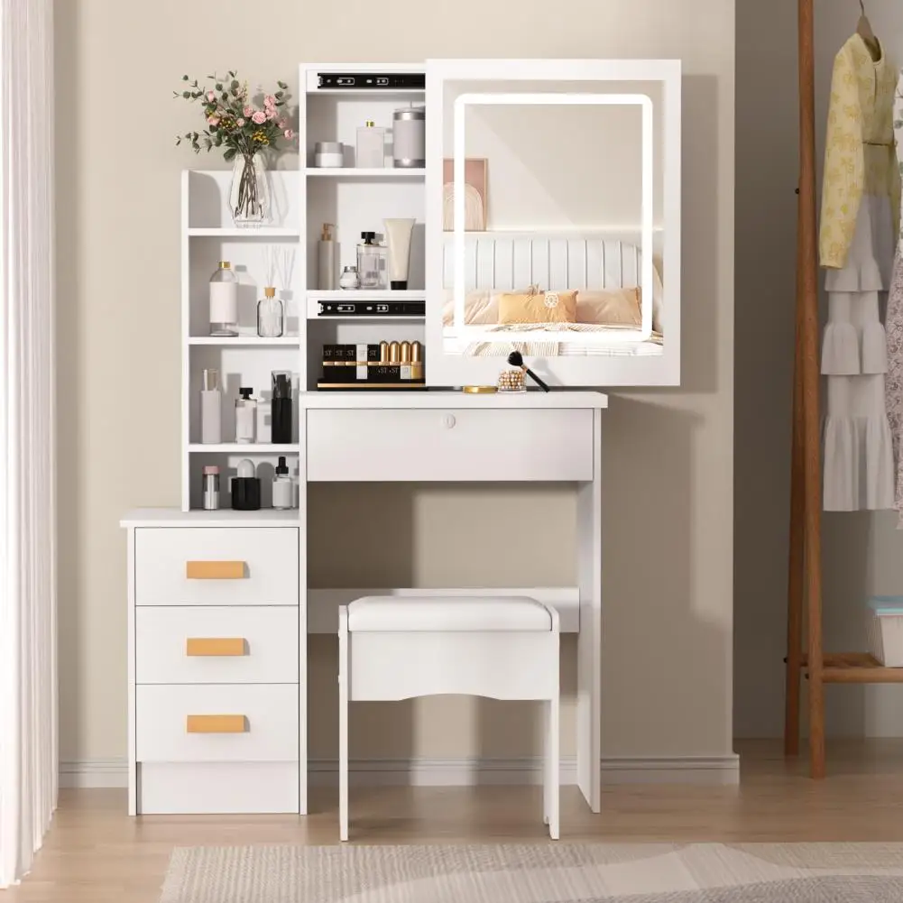 Makeup Vanity With Drawers Shelves With Sliding Mirror And Lights, Bedroom Dressing Table Smooth Surface High Capacity Wooden