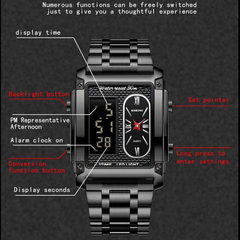 Модные мужские креативные часы BINBOND со стальным браслетом, кварцевые электронные часы с двойным механизмом, многофункциональные водонепроницаемые мужские часы для студентов