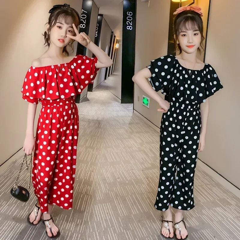 Kids Summer Jumpsuit for Girls Fashion Polka Dot Romper Girls Wide Leg Jumpsuit Children Clothing 8 10 12 Years Baby Girl Outfit