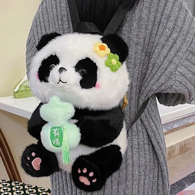 Cute Panda Flowered Plush Backpack Lightweight Travel Bag Women's Cartoon Money Apple Stuffed Animal Pack Small Travel Backpack