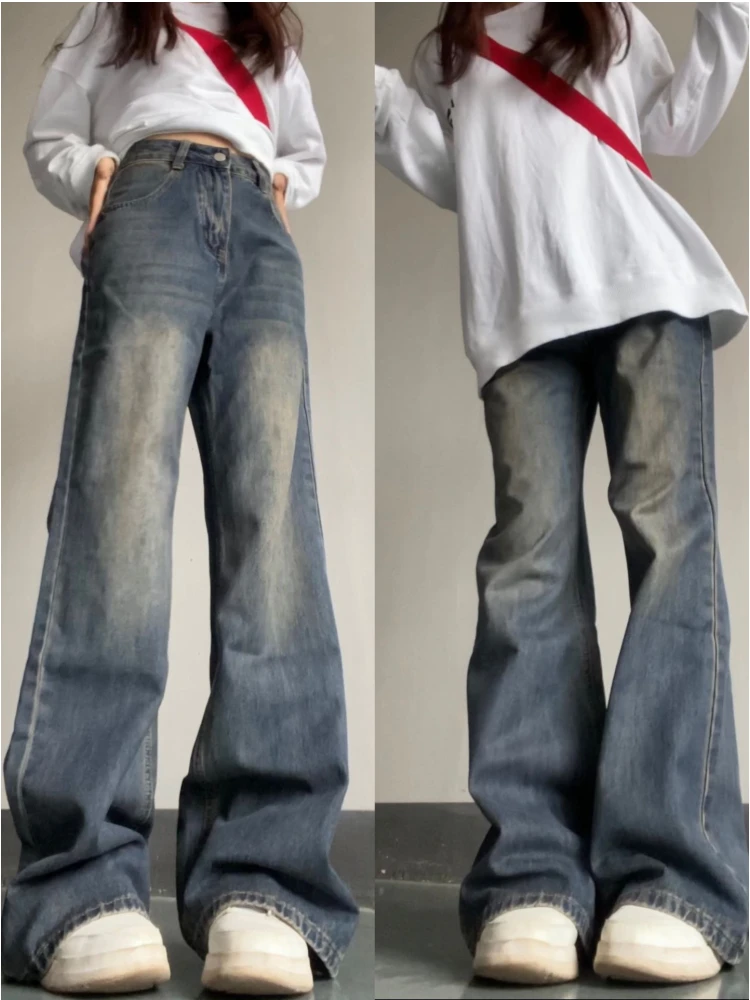 

Retro American Waed Straight Leg Jeans Women's plus Size Autumn Winter High Waist Slimming Loose Fce Wide Leg Long Pants