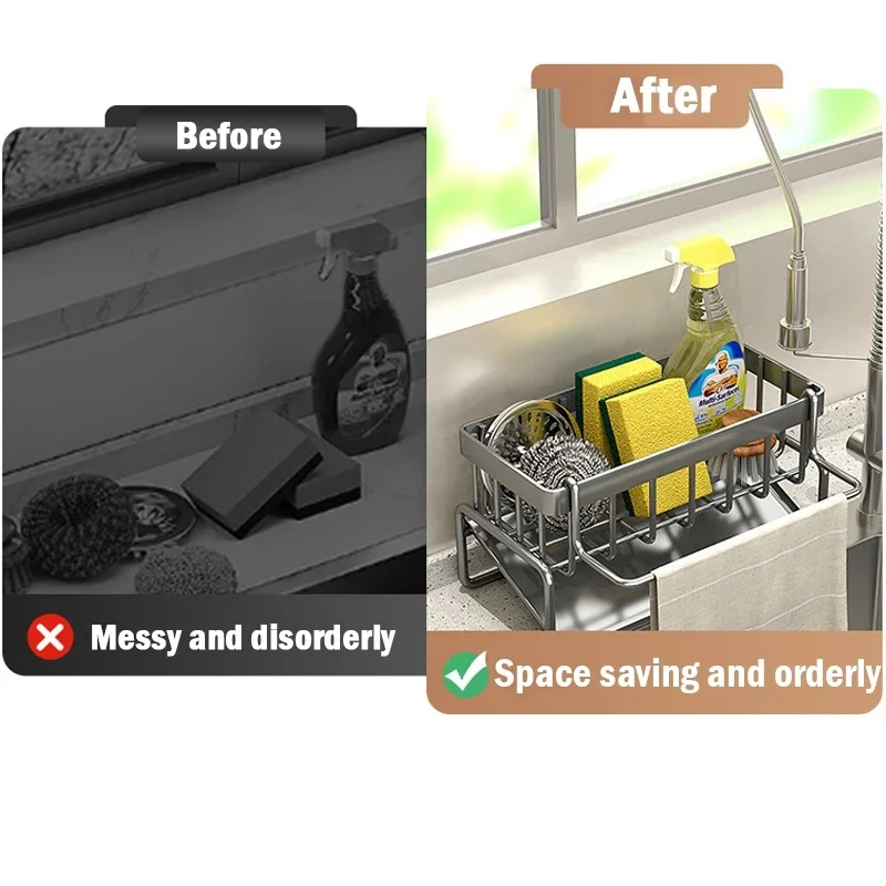 Multifunctional Stainless Steel Kitchen Sink Caddy Drain Storage Rack for Sponge, Dishcloth Rag and Cleaning Tool Organizer