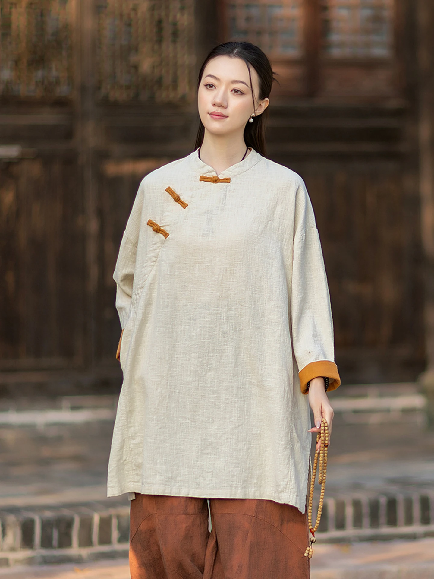High-End Cotton Linen Women's Retro Chinese Style Tea Clothes Coat Long Sleeve Stand Collar Side Buttoned Loose Fit Outerwear