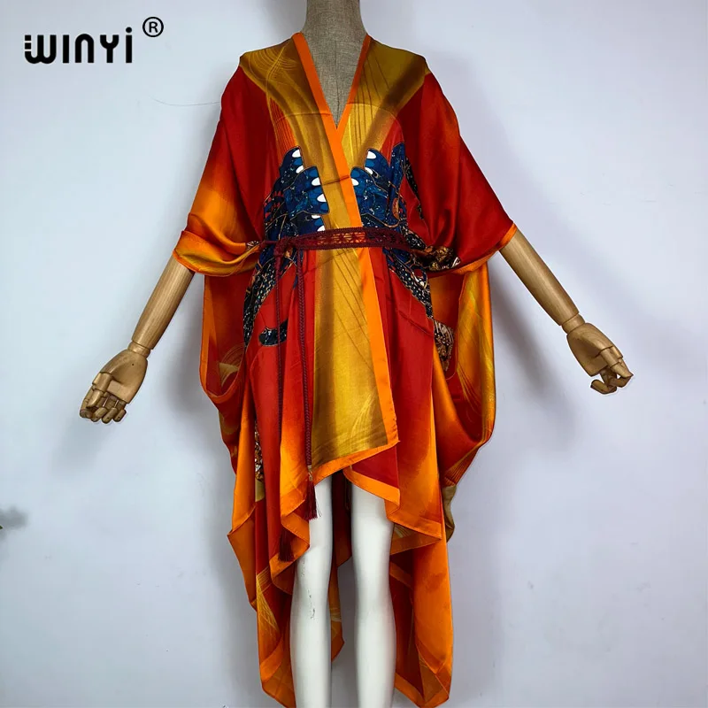 

WINYI Kimono Bohemian new print Bikini Cover-ups Elegant Self Belted Dress Women Summer Dress beach outfits for women robe