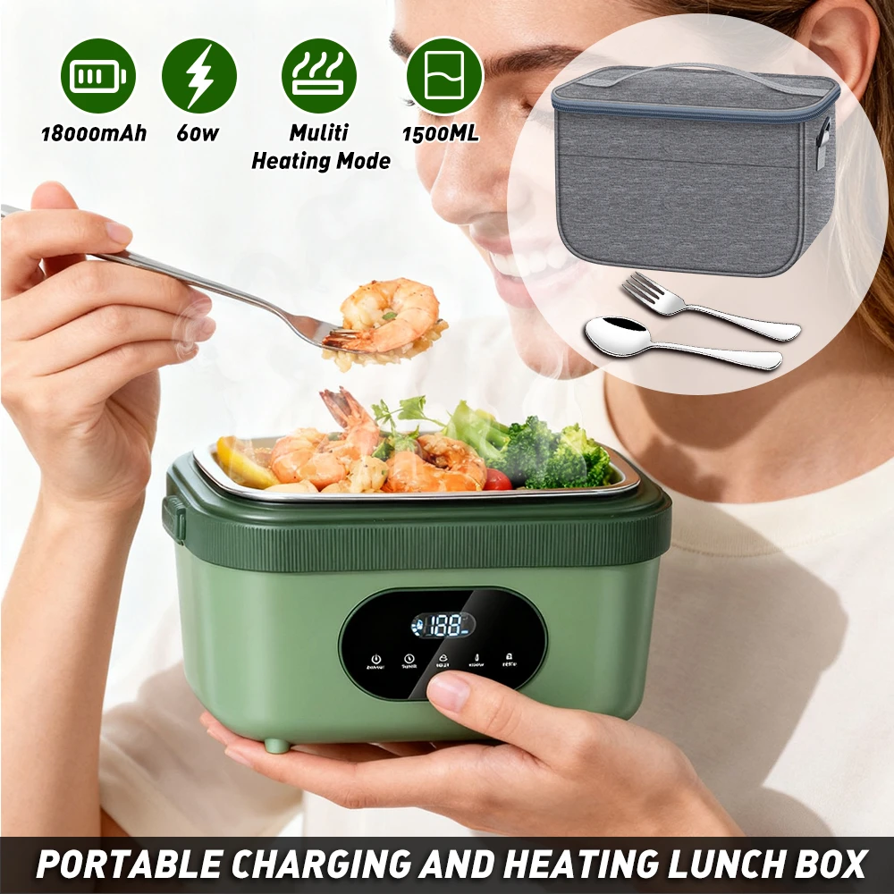 1.5L Cordless Electric Heated Lunch Box 18000mAh Rechargeable Battery 60W Food Warmer with Timer 304 Stainless Steel Container Portable Thermal Lunch Box For Work Travel Office