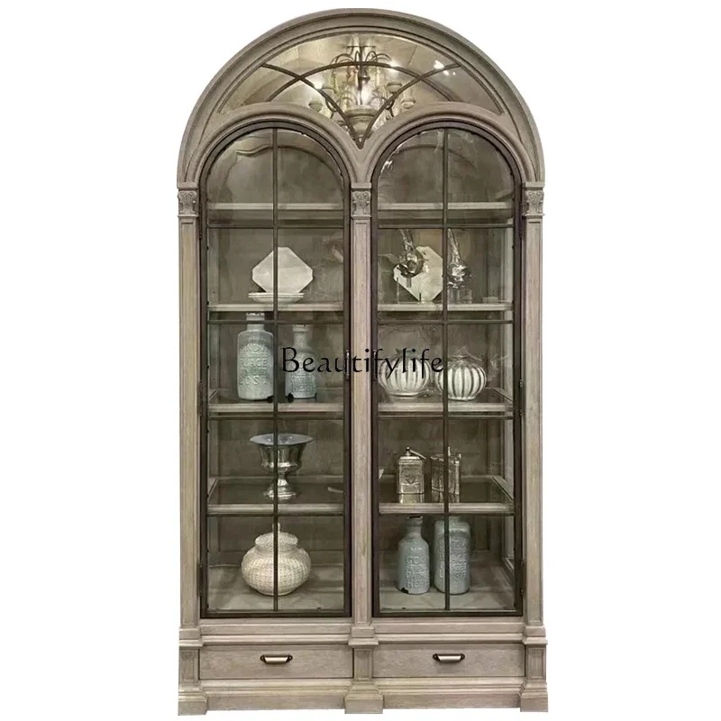 

PJ-*American light luxury solid wood living room dining side cabinet French bookcase arched live stream display antique cabinet