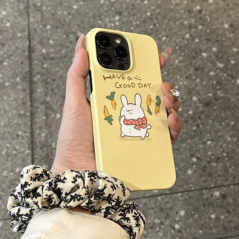 INS Cute Cartoon Rabbit Carrots Phone Case for iPhone 16 15 14 13 12 11 Pro Max XS XR XSMax 6 7 8 Plus Glossy HD Hard PC Cover