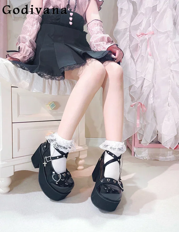 Original Japanese Mine Cross Strap Platform Shoes Summer New Fashion elegante All-Match Black tacchi alti donna Mary Jane Shoes